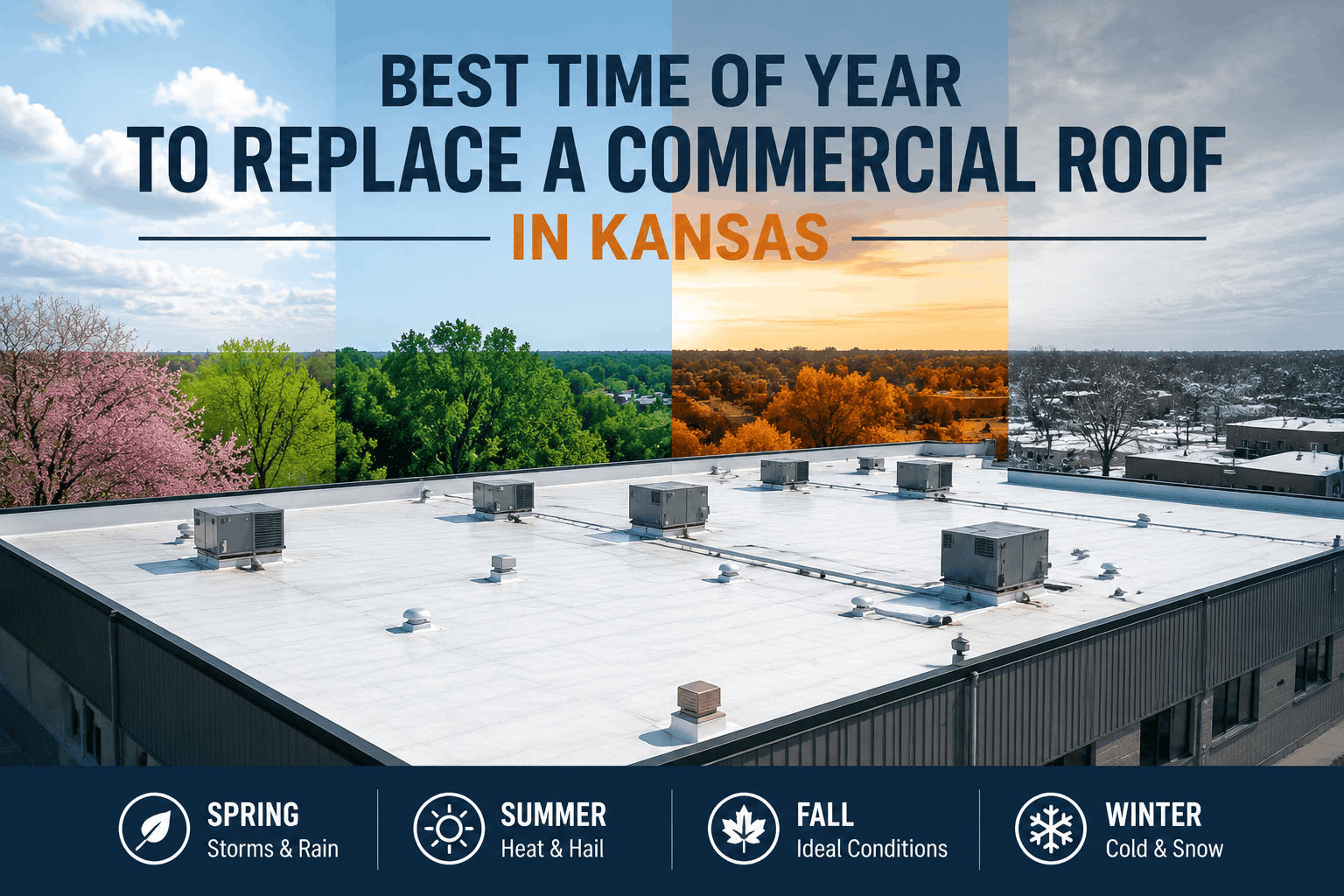 Rooftop with bold headline reading 'Best time of year to replace a commercial roof in Kansas' over color panels; bottom banner shows Spring, Summer, Fall, Winter.