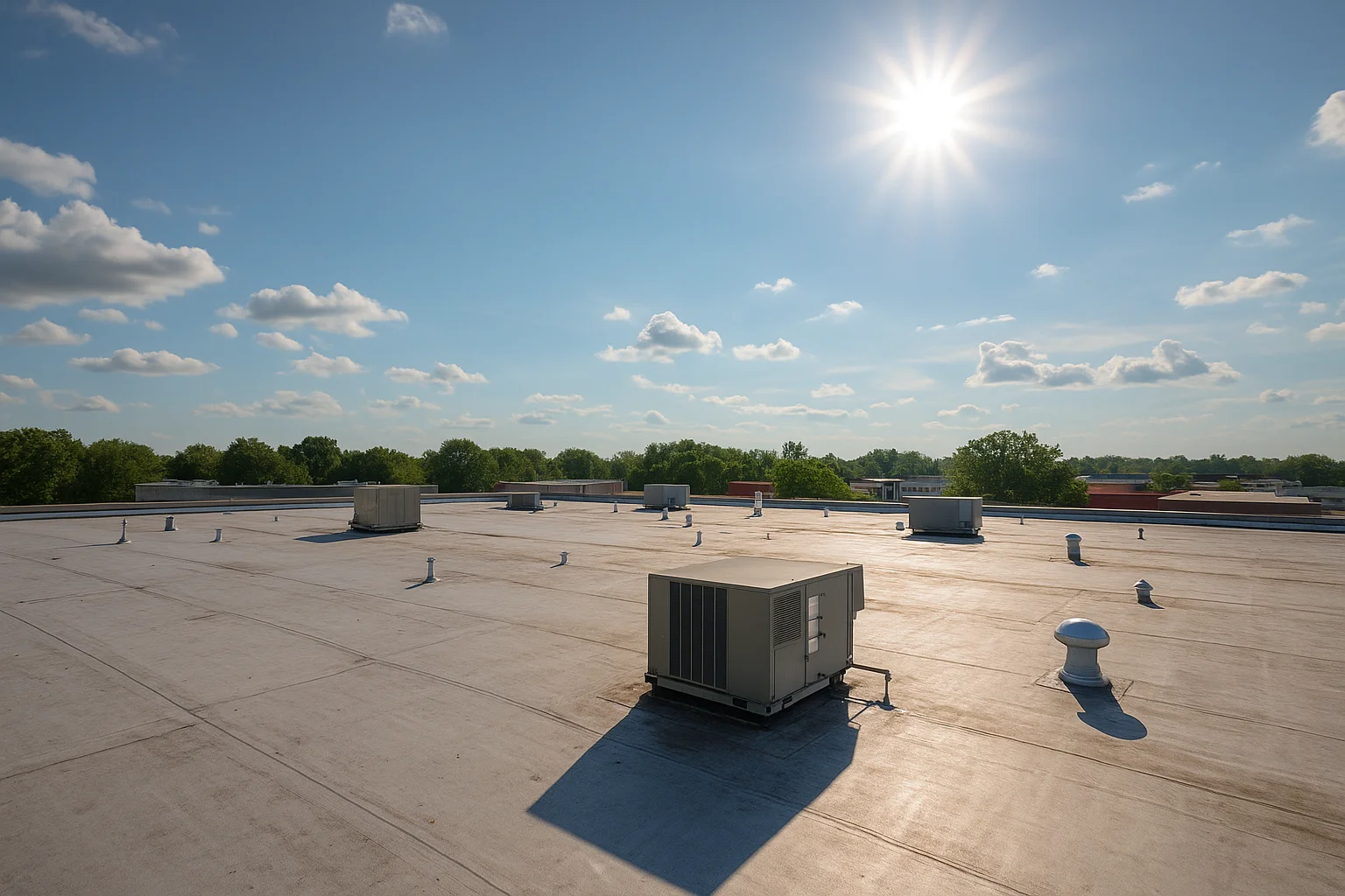 Blazing sun over commercial roof