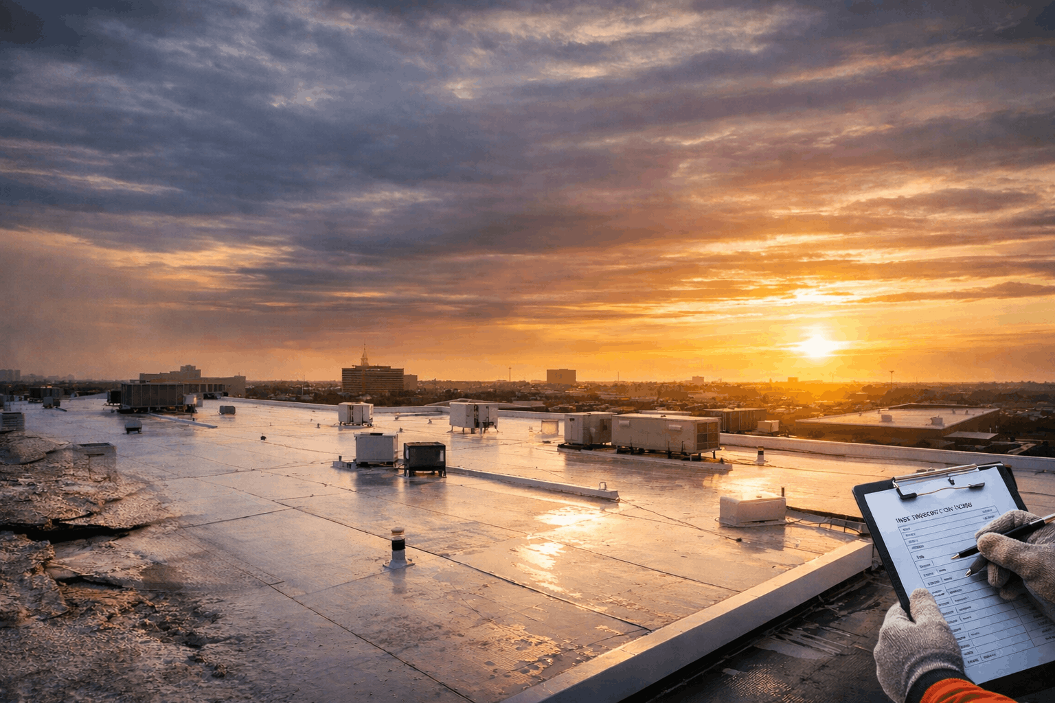 Commercail roofing professional inspecting room with cehcklist items in his hand