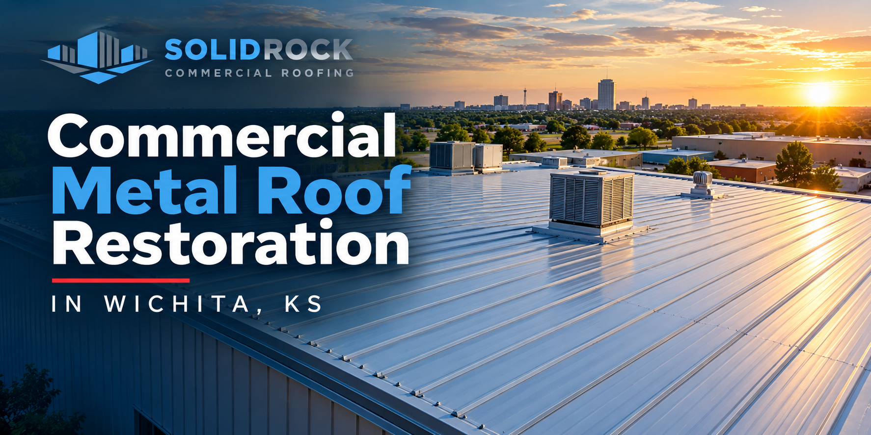 Aerial view of a commercial metal roof at sunset with Solid Rock Commercial Roofing branding and the text “Commercial Metal Roof Restoration in Wichita, KS.”