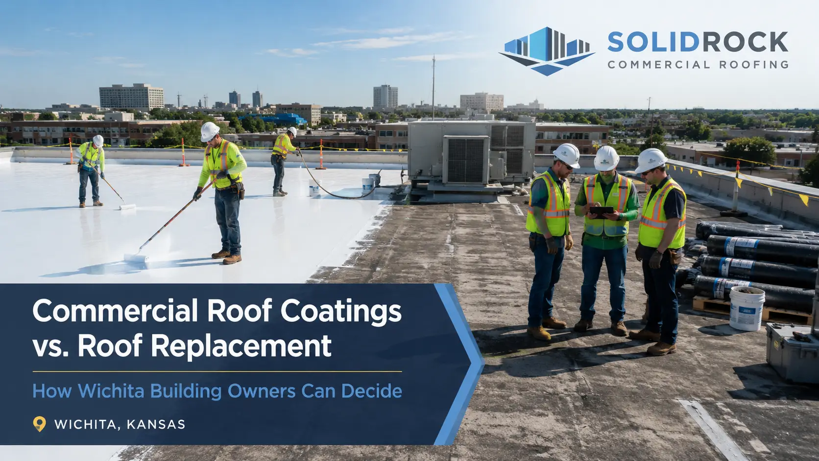 Commercial roofing crew applying white reflective roof coating and inspecting replacement materials on a flat roof in Wichita, Kansas.
