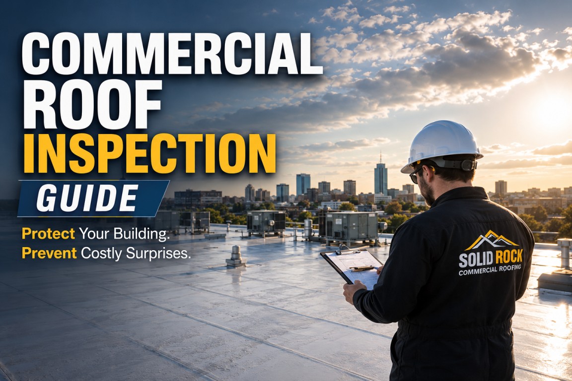 Commercial roof inspector reviewing a flat commercial roof at sunset with text overlay reading Commercial Roof Inspection Guide.