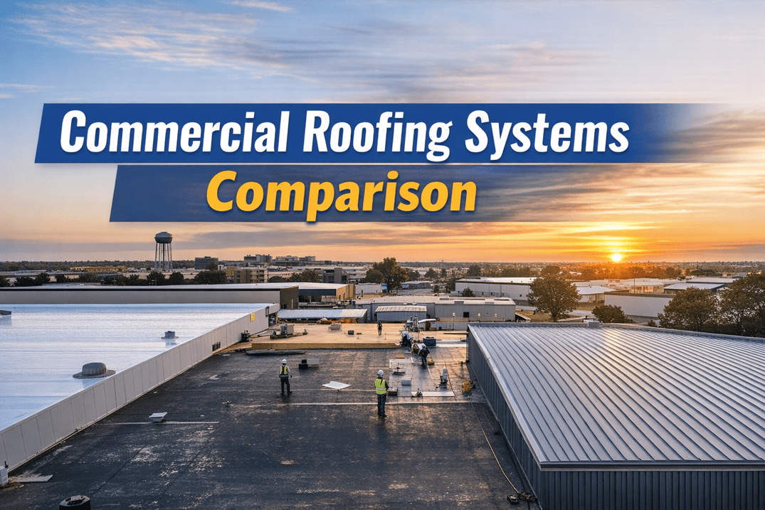 Wide-angle commercial rooftop at sunset featuring multiple roofing systems side-by-side with bold overlay text “Commercial Roofing Systems Comparison,” representing different roof types for building owners.