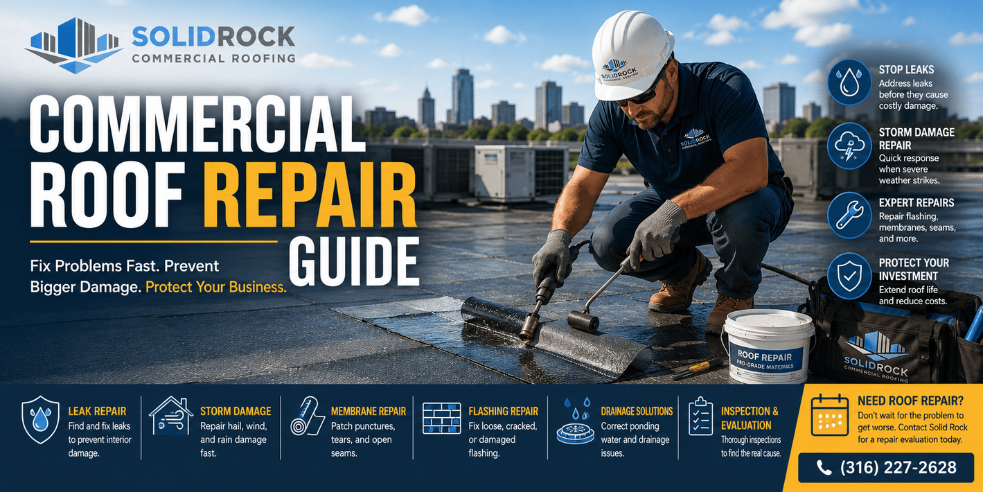 Commercial roof repair guide Solid Rock Commercial Roofing Commercial roof repair guide image showing a Solid Rock technician repairing a flat commercial roof with leak repair, storm damage, membrane repair, flashing repair, drainage, and inspection elements.