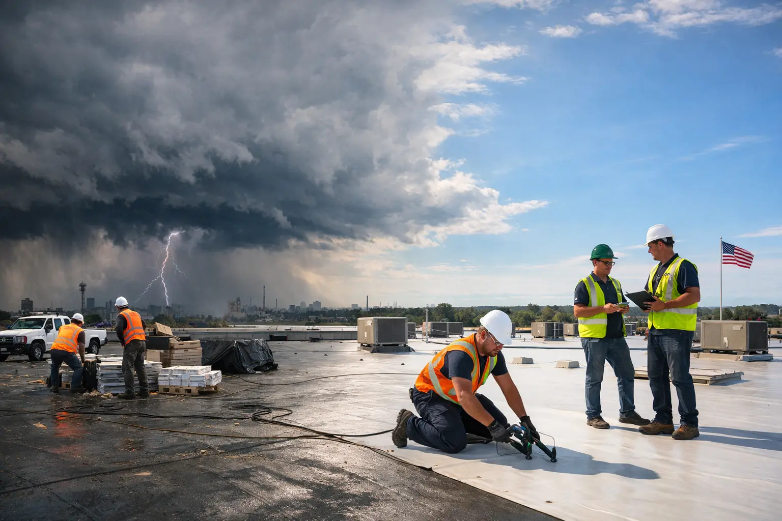 Commercial roofing team working on a roof after storm damage