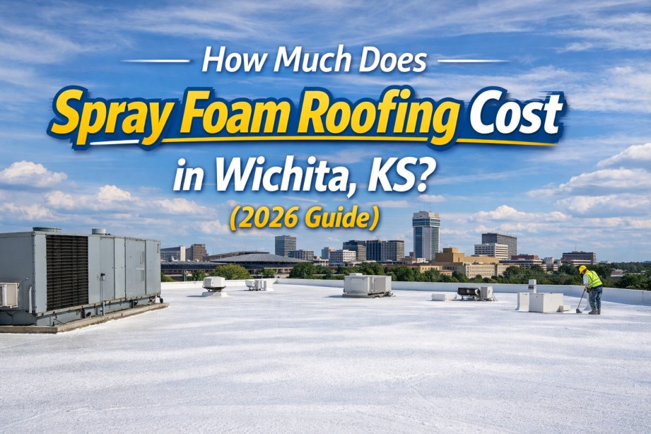 Wide-angle view of a commercial spray foam roofing project in Wichita, Kansas, featuring a white SPF roof with HVAC units, a rooftop worker, and the Wichita skyline under a blue sky with overlaid title text about roofing cost.