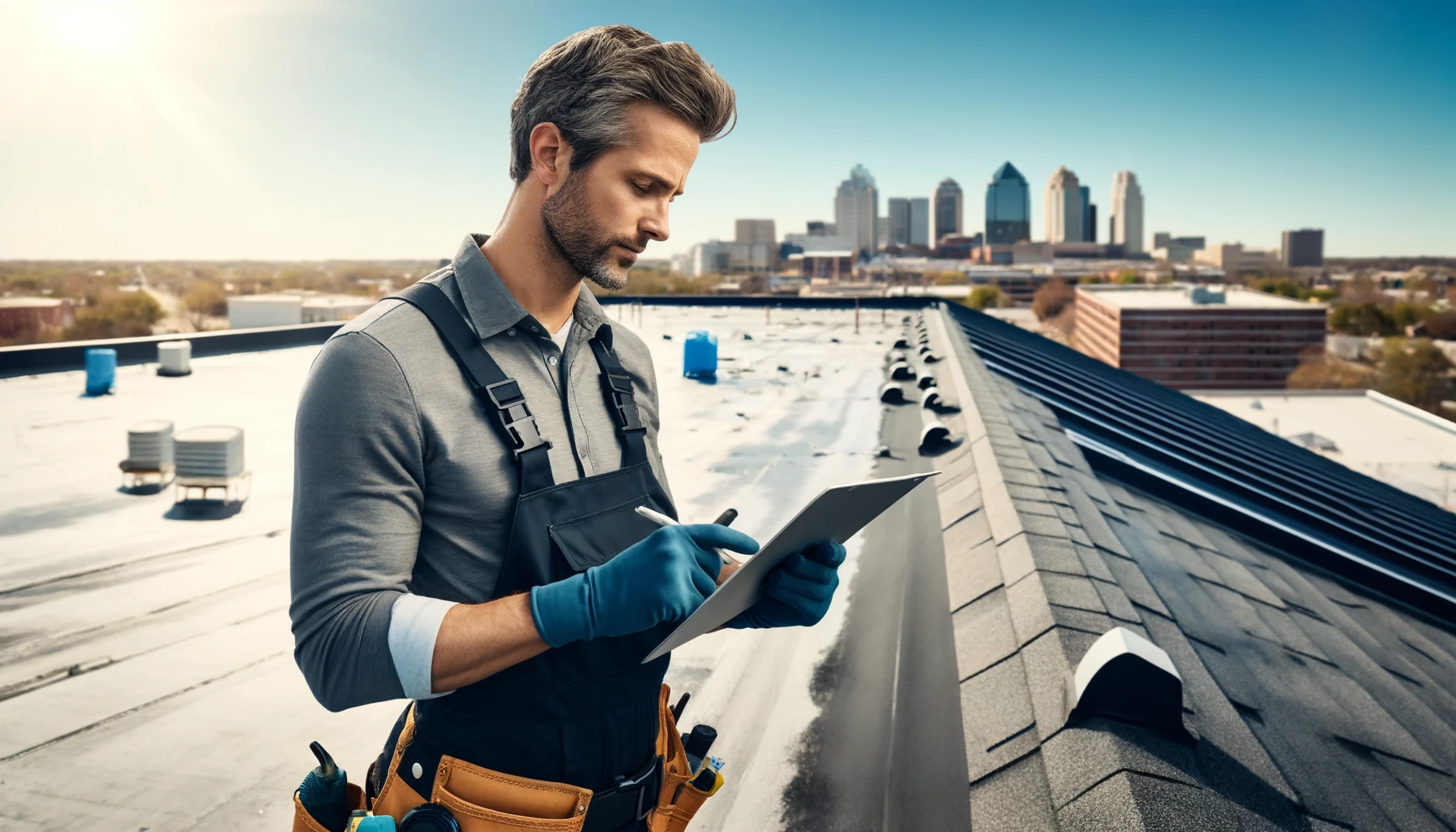 Roof repair specialist inspecting roof