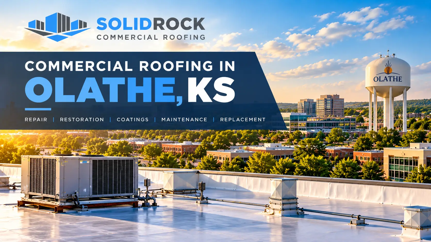Banner on a rooftop promoting Solid Rock Roofing in Olathe, KS with a city skyline in the background.