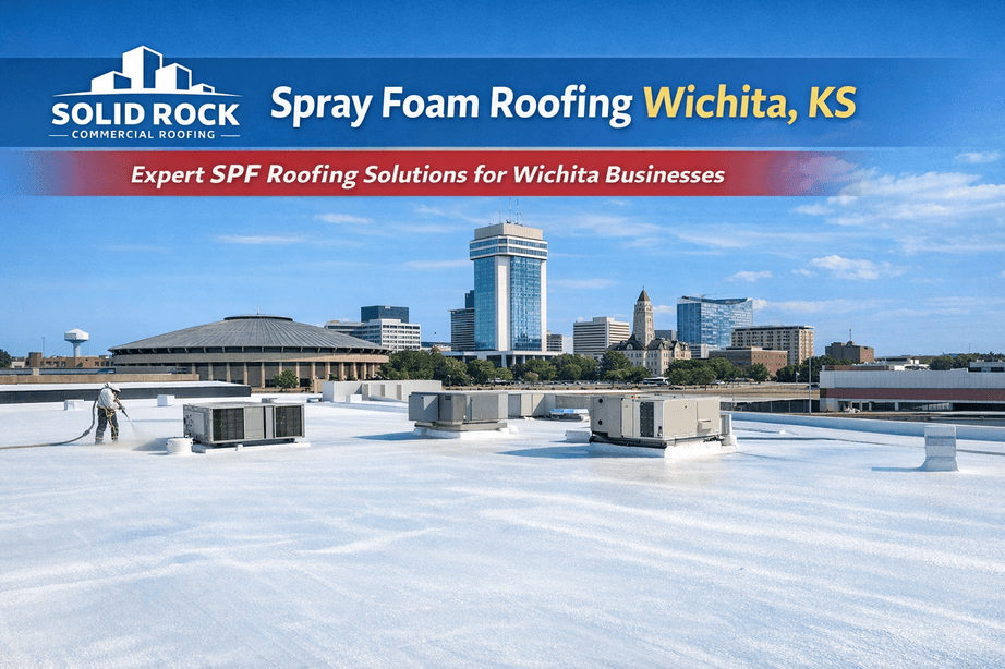 Wide-angle view of a commercial spray foam roofing project in Wichita, Kansas, showing a white SPF roof, rooftop HVAC units, and the Wichita skyline in the background