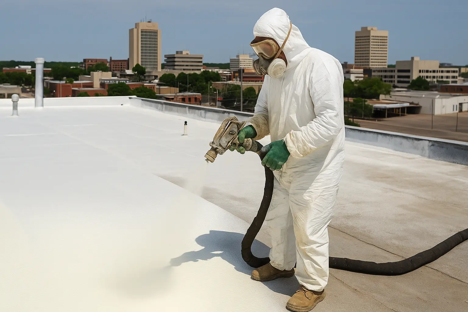 Worker spreading Spray Polyurethane Foam on commercial roof in full protective gear