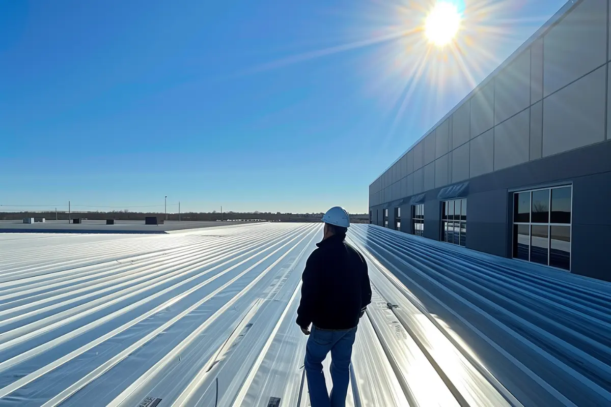 Crew member from roof repair company inspecting a commercial building roof for maintenance