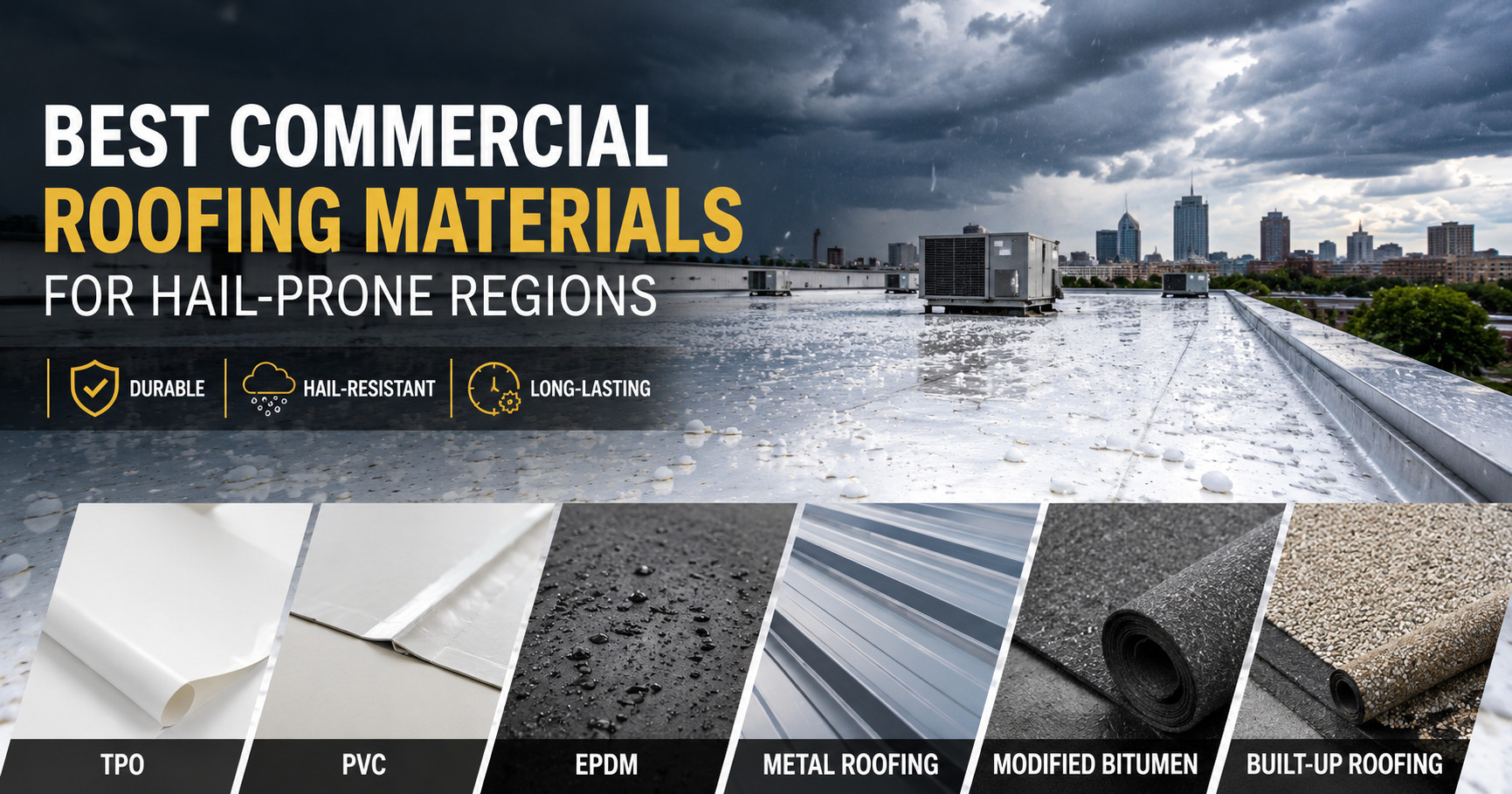 Banner promoting hail-prone regional roofing materials: 'Best Commercial Roofing Materials for Hail-Prone Regions' with durability icons (Durable, Hail-Resistant, Long-Lasting).