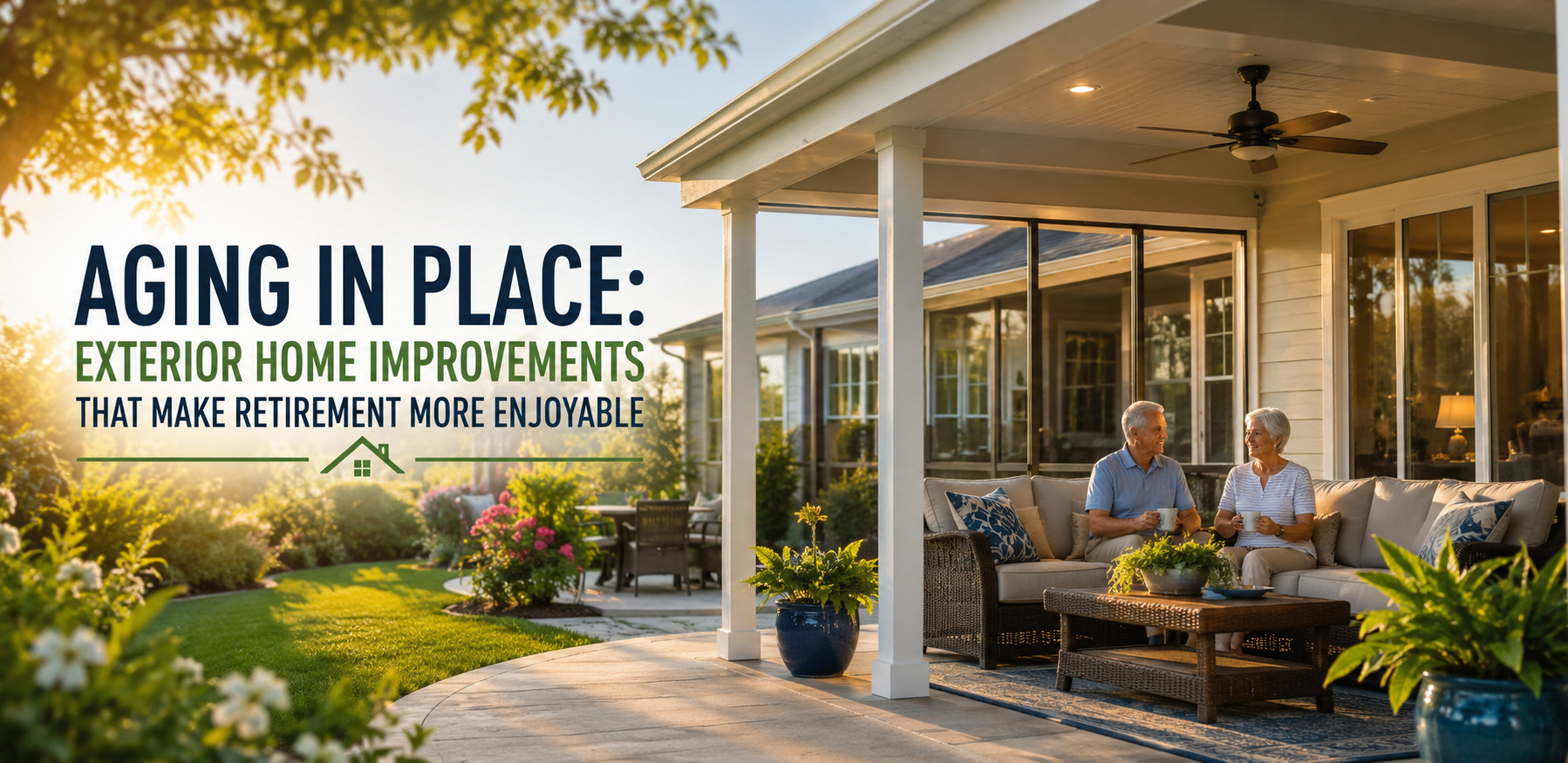 Elderly couple chatting on a wicker sofa on a sunny covered patio, with the headline 'Aging in Place: Exterior Home Improvements That Make Retirement More Enjoyable.'