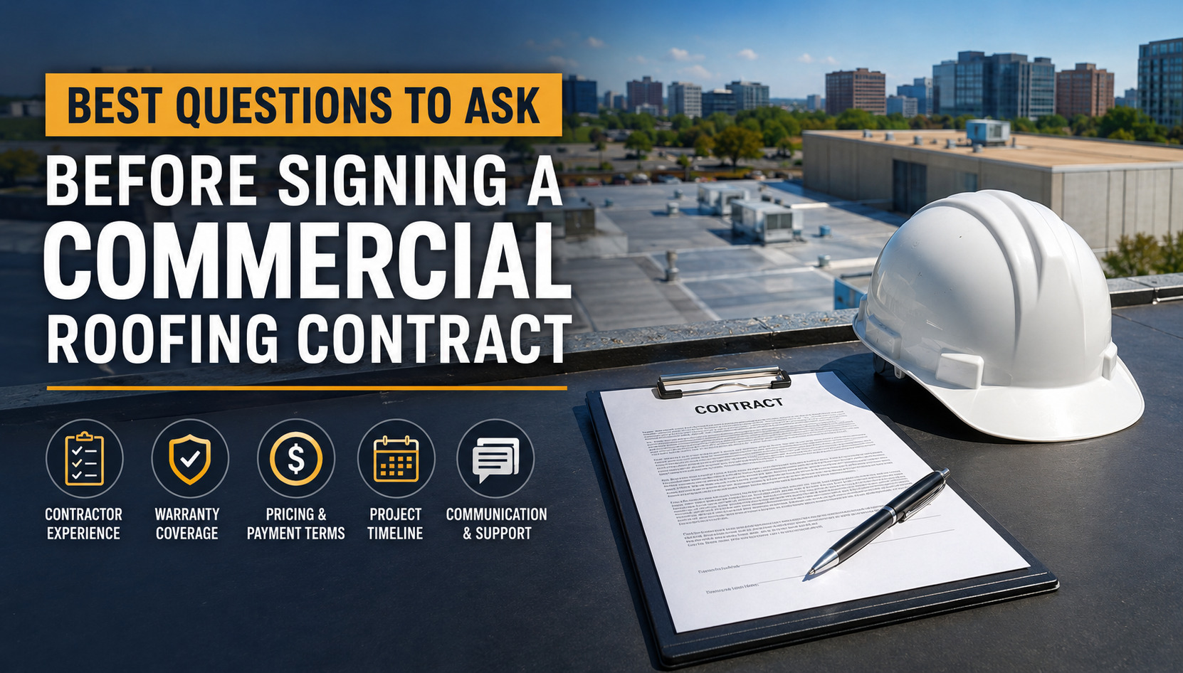 On a rooftop, a white safety helmet rests beside a contract and pen; bold headline reads Best Questions to Ask Before Signing a Commercial Roofing Contract.