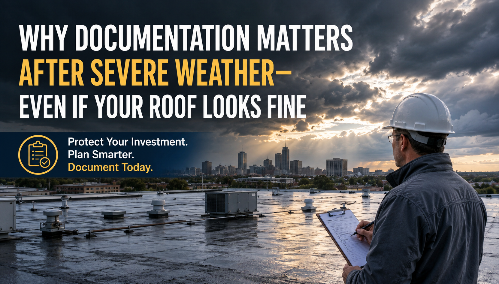 Rooftop inspector in a hard hat notes on a clipboard with a city skyline and dramatic stormy clouds in the background; headline about documentation after severe weather.
