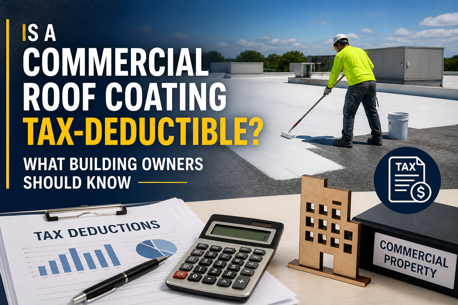 Worker coats a flat commercial roof while foreground shows tax-deduction visuals (tax form, calculator, building model) for an article on roof coating deductions.