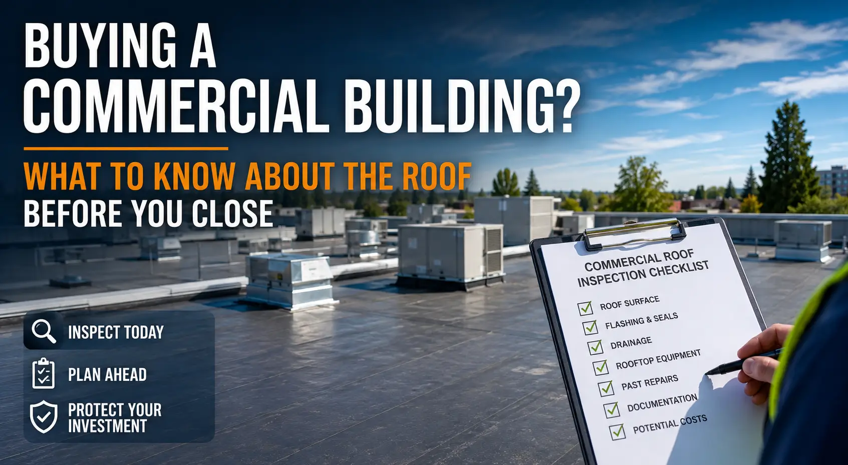 Hero image for a guide on buying a commercial building: rooftop with HVAC units, bold title and an on-screen clipboard checklist about roof inspection