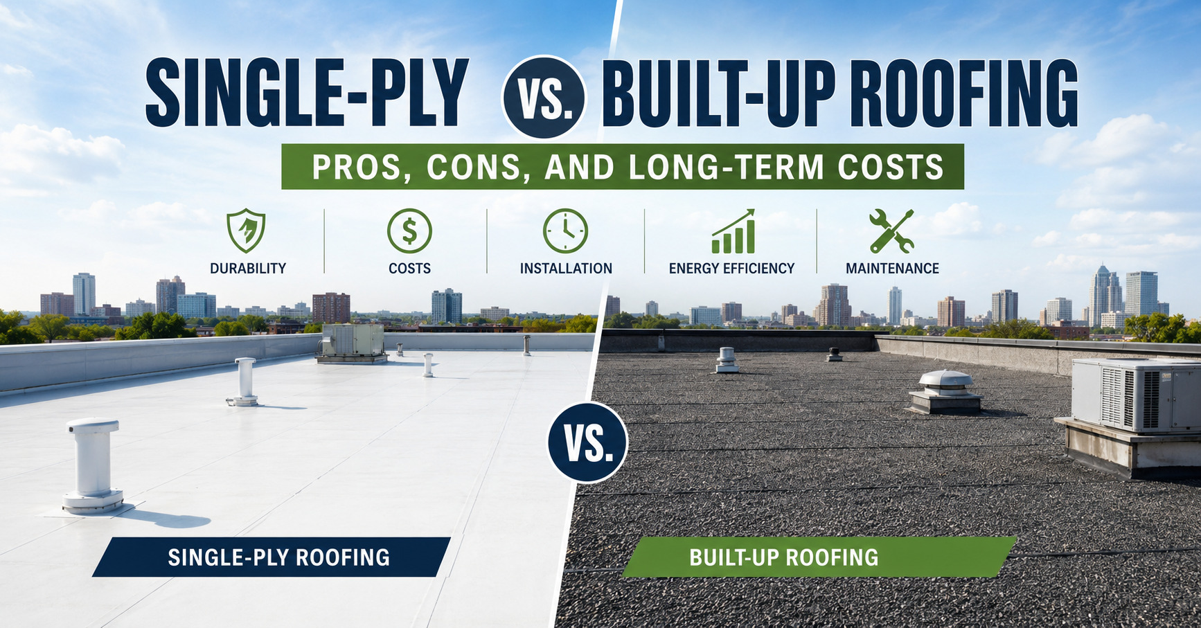Split-screen infographic comparing single-ply roofing (left, white roof) and built-up roofing (right, dark roof) with icons for durability, costs, installation, energy efficiency, and maintenance; title reads 'Single-Ply vs Built-Up Roofing'.