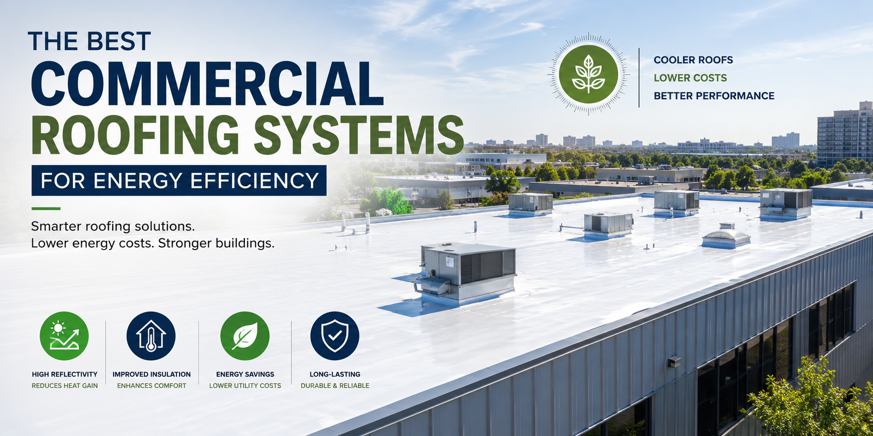 Banner promoting commercial roofing systems for energy efficiency with a rooftop and cityscape, logo and features like high reflectivity and energy savings.