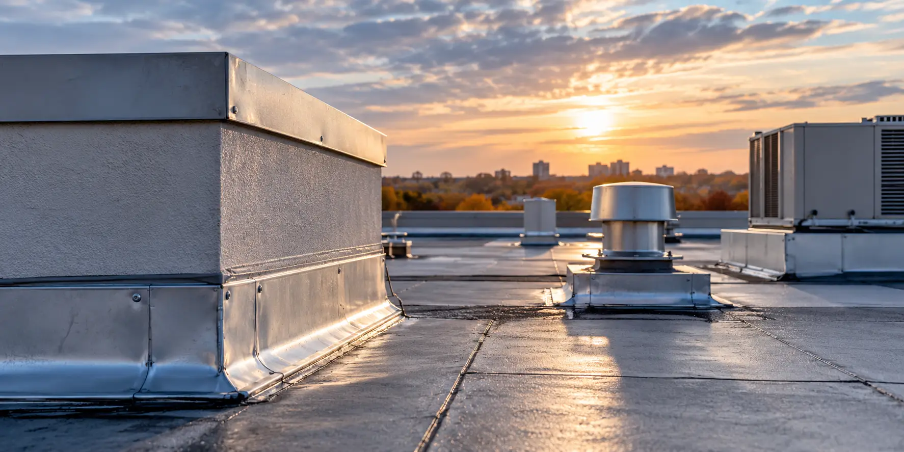 Rooftop with HVAC equipment and vents, silhouetted against a sunset over the city skyline